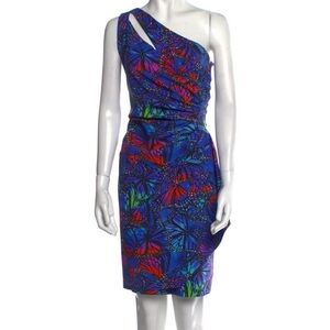 Chiara Boni Asymmetrical Dress in Blue and Red Butterfly Print
